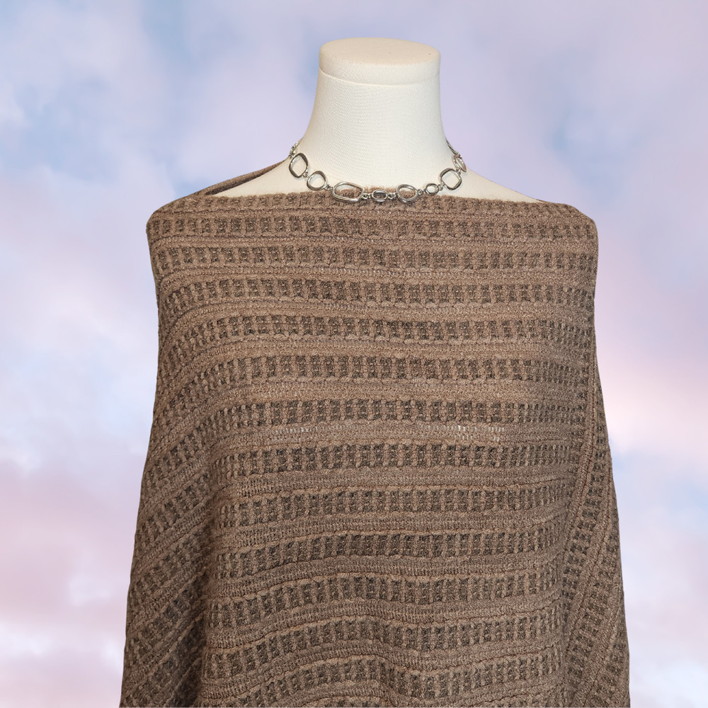 Brown Taupe Knitted Soft Fuzzy Cover Up Warm Boho Hippie Festival Fringe Poncho - Picture 3 of 5